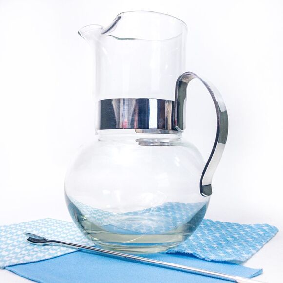 MCM Handblown Glass Cocktail Pitcher w/ Silver Plate Handle and Stirrer - Picture 6 of 12